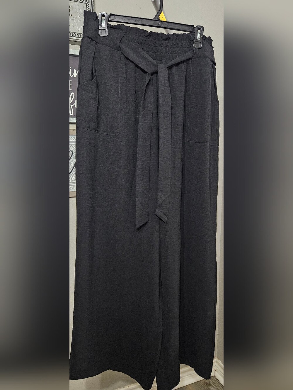 Women's Black Wide-Leg Paperbag Waist Pants with Tie